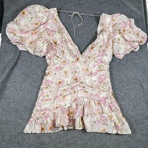 SAU LEE Dress Womens 14 Pink Floral Ruched Puff Sleeve Ruffle Hem V Neck Mini